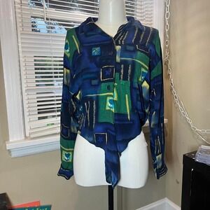 80's Vintage‎ Saint Germain Paris Abstract Print Sleeve Button Up Tie Front Top